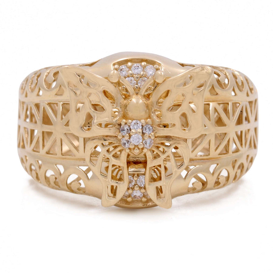 A Miral Jewelry 10K Yellow Fashion Filigree Butterfly Ring with Cubic Zirconias embellished with diamonds.