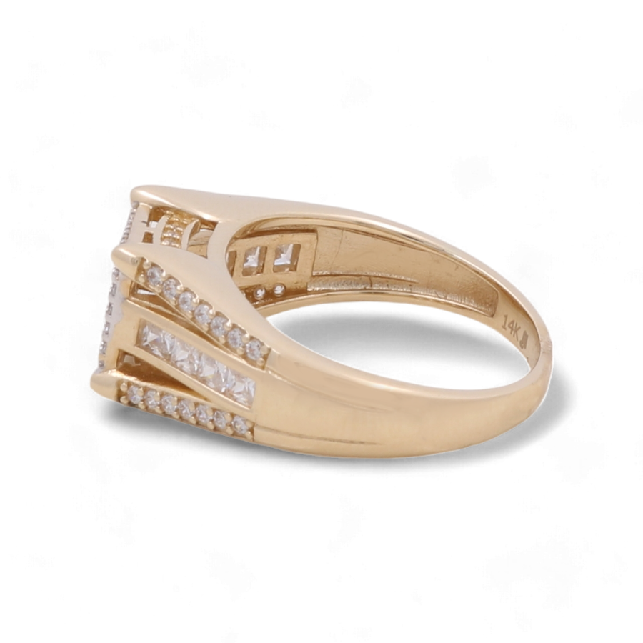 Miral Jewelry's 14K Yellow Gold Wedding Men's Ring with zirconia features small zirconia stones set along the sides and a larger center stone, beautifully displayed on a white background.