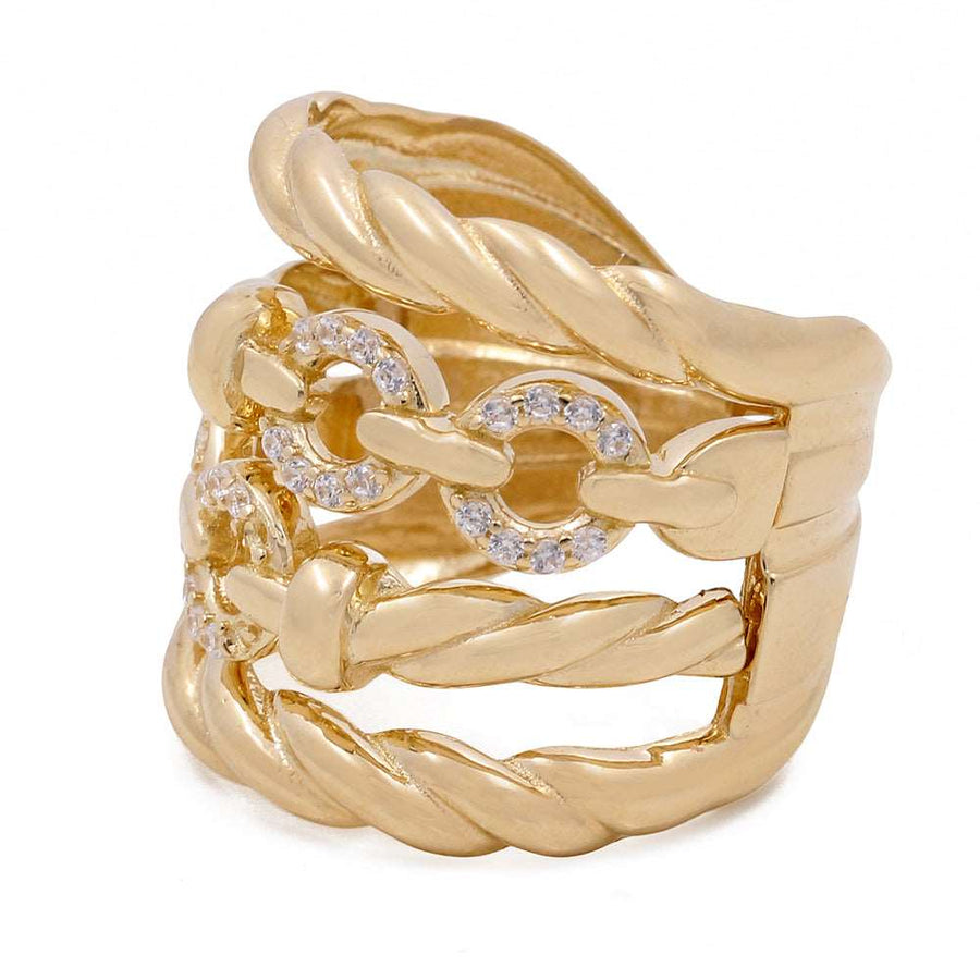 Miral Jewelry's 14K Yellow Gold Fashion Women's Ring with Cubic Zirconias features an interwoven design and cubic zirconia accents.