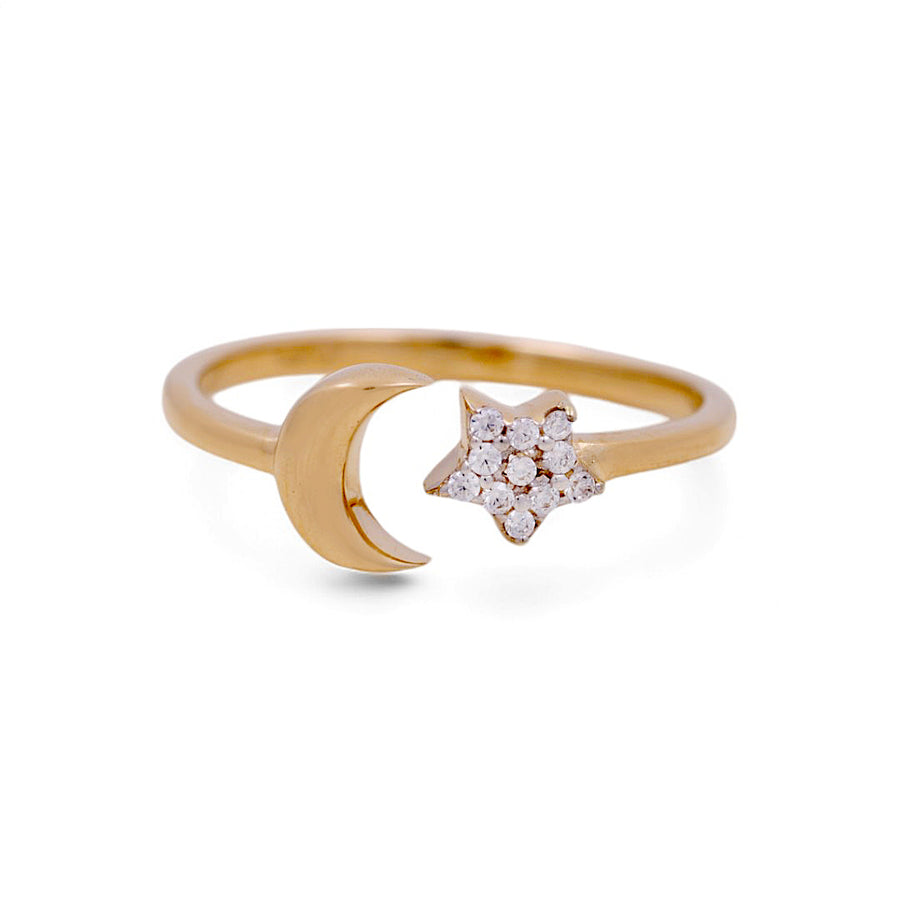 The Miral Jewelry 14K Yellow Gold Fashion Women's Ring showcases a beautiful crescent moon and star design embellished with delicate clear gemstones, creating a sophisticated piece of fashion jewelry ideal for any woman's collection.