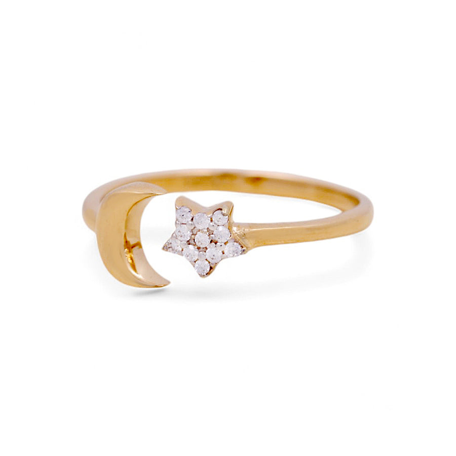 This luxurious jewelry piece from Miral Jewelry, the 14K Yellow Gold Fashion Women's Ring, features a crescent moon and star adorned with small diamonds set against a plain white background.