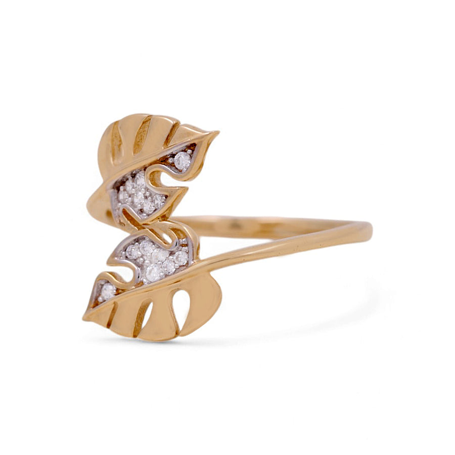 Discover the Miral Jewelry 14K Yellow Gold Fashion Women's Ring, showcasing two exquisite leaf-shaped patterns embellished with delicate white stones. Ideal for enhancing any elegant jewelry collection.