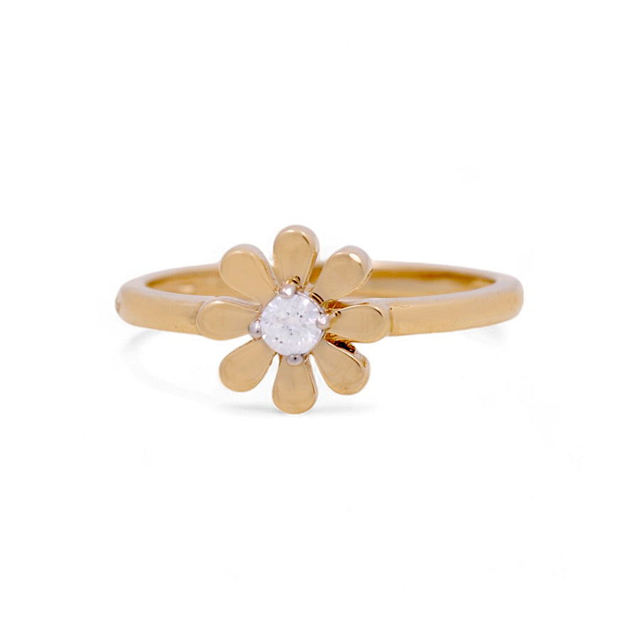 This stunning 14K yellow gold flower fashion women's ring by Miral Jewelry features a daisy-shaped design with a central white gemstone, making it a beautiful addition to any jewelry collection.