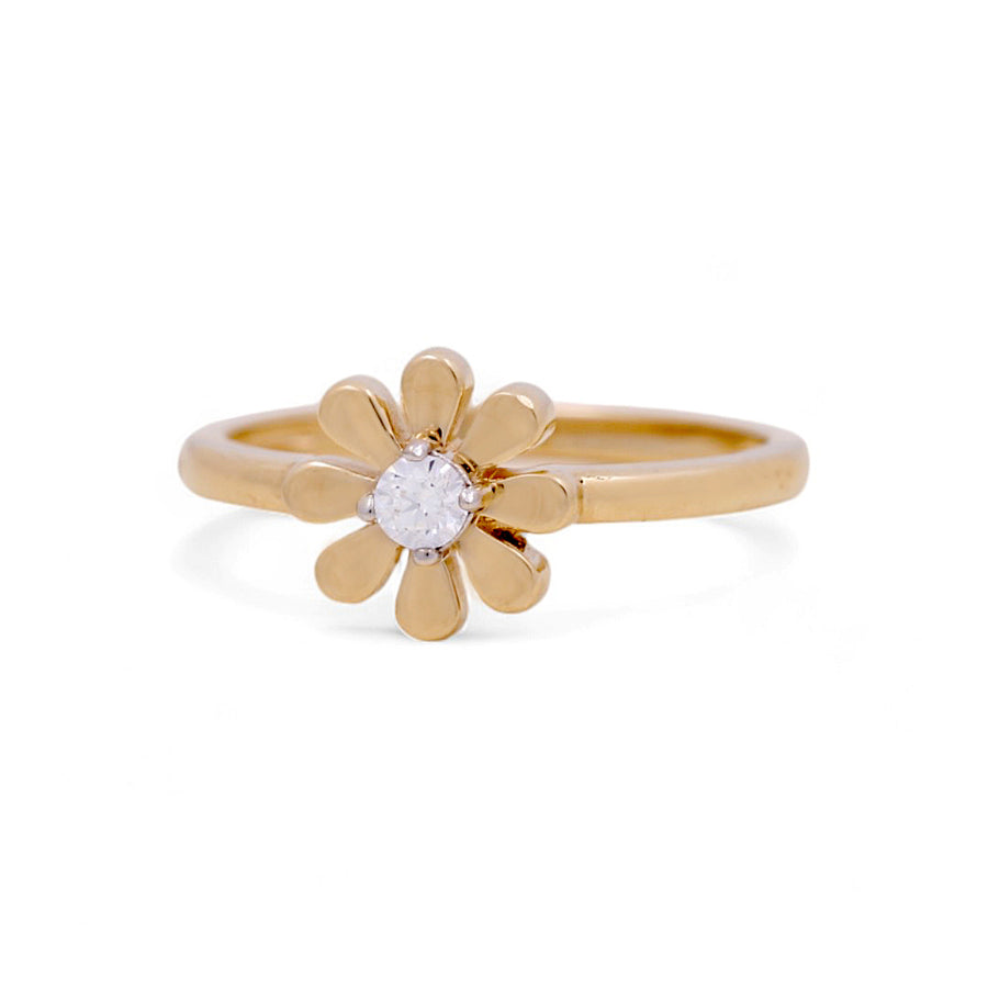 This exquisite piece from Miral Jewelry is the 14K Yellow Gold Flower Fashion Women's Ring, featuring a central diamond set against a white backdrop. Ideal for any occasion, this ring embodies timeless sophistication and style.
