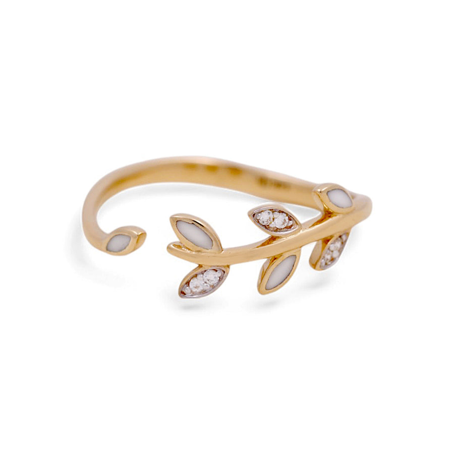 This exquisite 14K Yellow Gold Fashion Women's Ring by Miral Jewelry showcases a graceful leaf design embellished with petite gemstones. With its elegant blend of artistry and nature-inspired charm, this ring stands out beautifully against a white background.