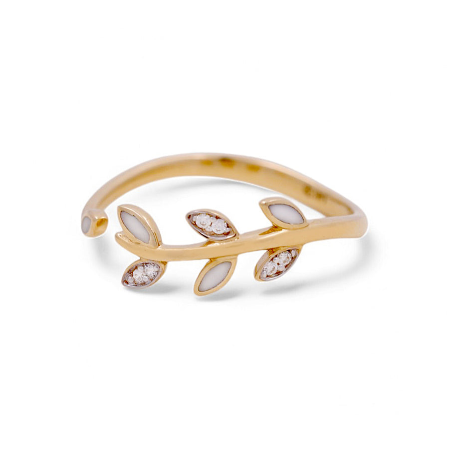 Explore the sophistication of the 14K Yellow Gold Fashion Women's Ring by Miral Jewelry. This exquisite piece features an open design adorned with a delicate leaf motif and accented with small, oval-shaped white and sparkling stones. This ring perfectly combines timeless elegance with contemporary flair, making it ideal for the modern woman.