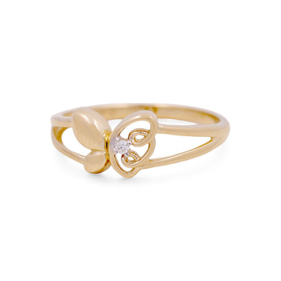 Introducing the 14K Yellow Gold Butterfly Fashion Women's Ring by Miral Jewelry, boasting a decorative butterfly design with a small central gemstone set against a white background. This exquisite piece exemplifies style and elegance in women's luxury accessories.