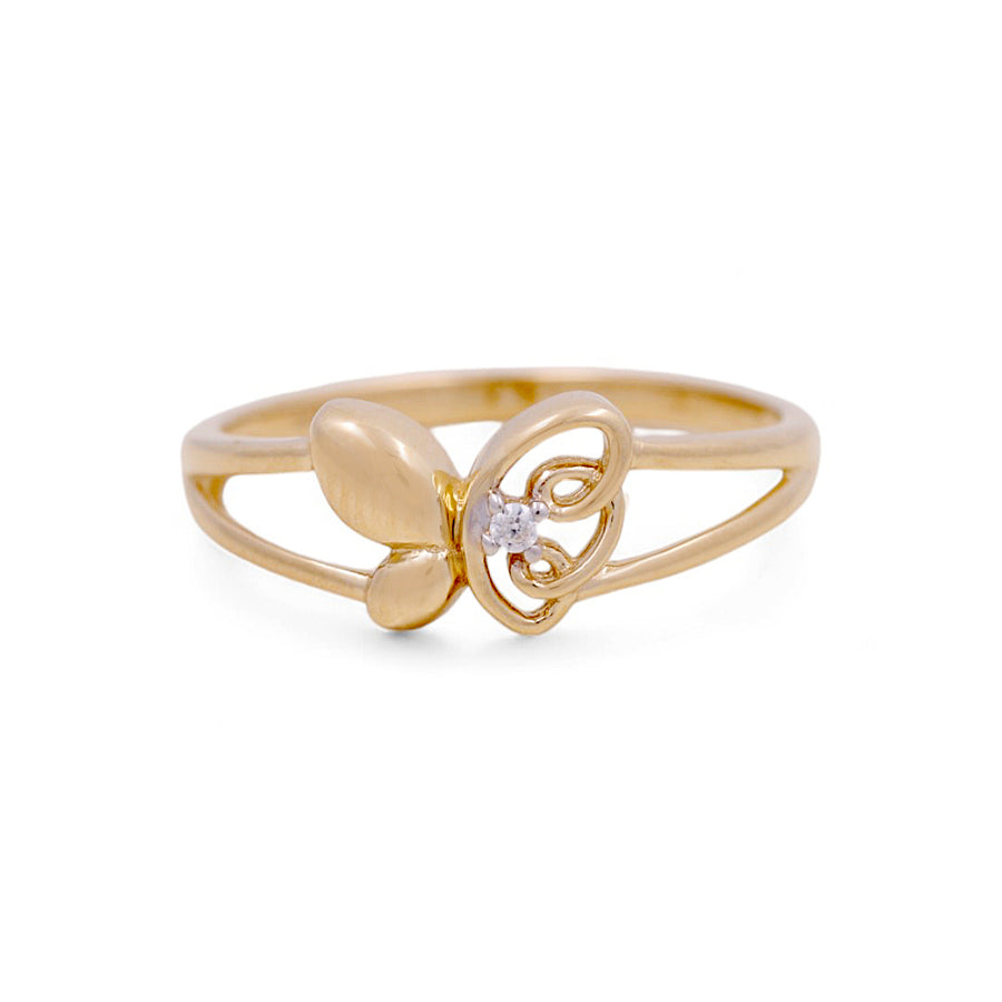 The Miral Jewelry 14K Yellow Gold Butterfly Fashion Women's Ring showcases a delightful butterfly design accented by a small central gemstone, making it an ideal addition to any women's fashion ring collection.