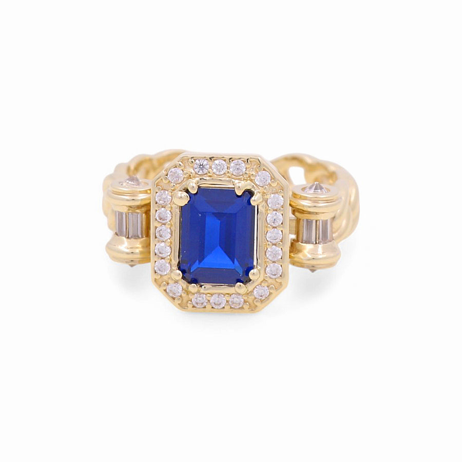 14K  Yellow Gold  Square Blue with Cz Fashion Women's Ring