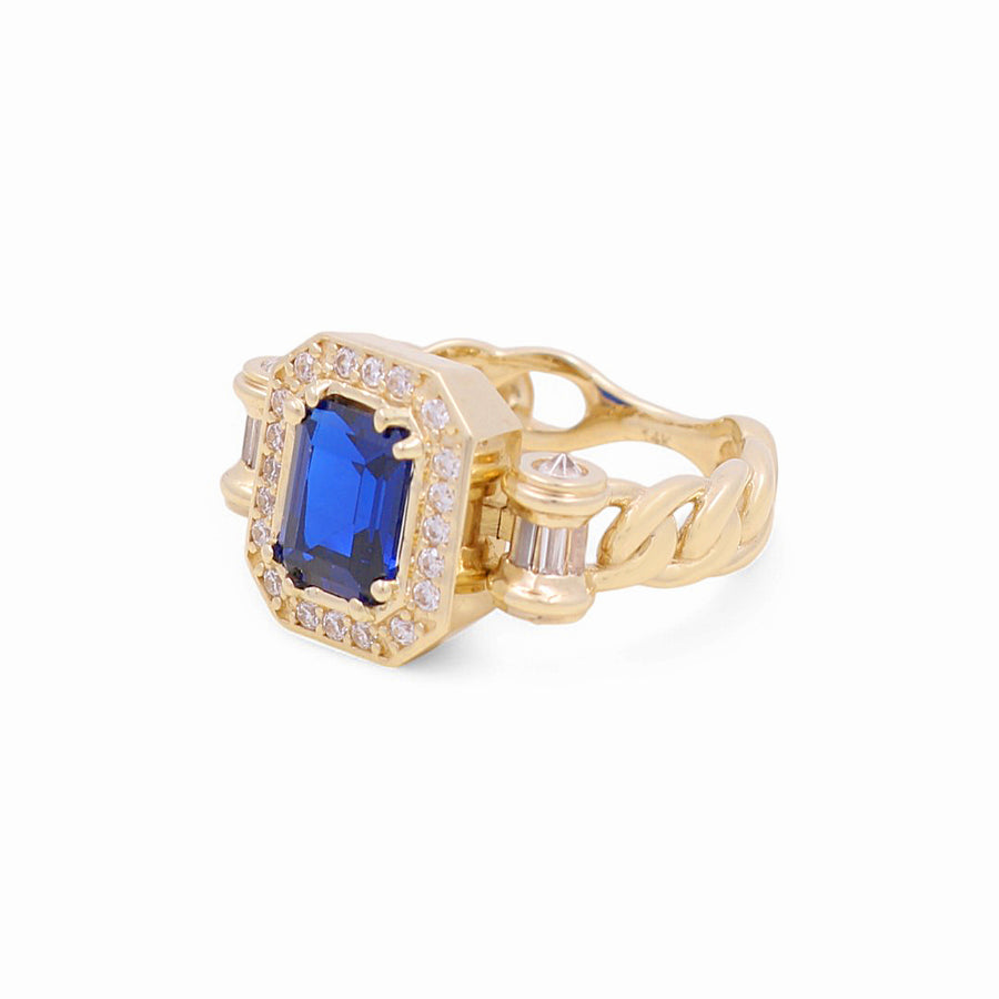 14K  Yellow Gold  Square Blue with Cz Fashion Women's Ring