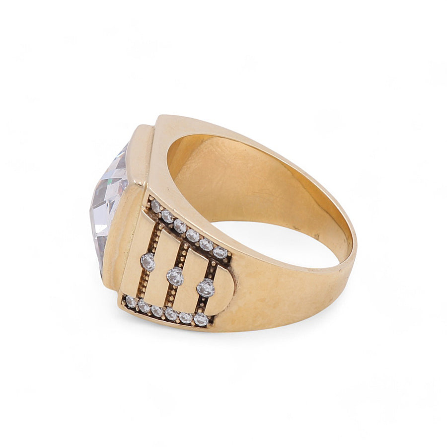 Luxurious 14K Yellow Gold Fashion Men's Cubic Zirconias Ring by Miral Jewelry featuring a large square clear gemstone, accented by rows of smaller clear stones set vertically on the band.