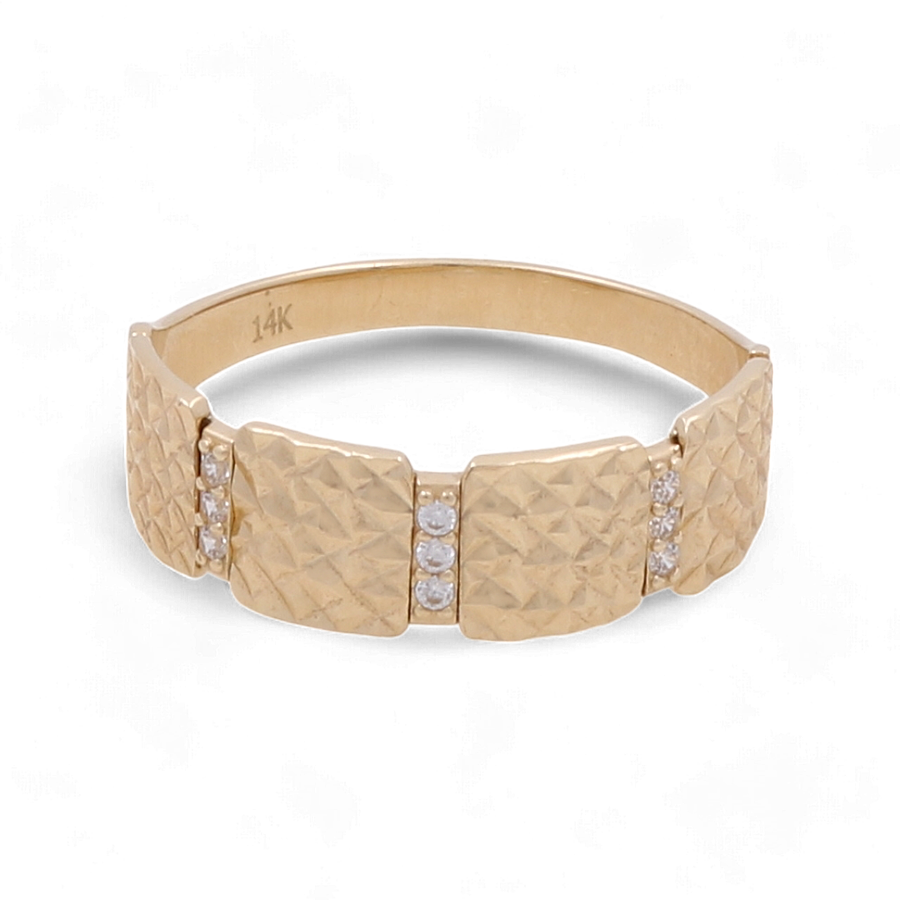 The Miral Jewelry 14K Yellow Gold Women's Fashion Ring is a luxurious accessory, featuring a textured geometric pattern adorned with small round diamonds set in two vertical rows along the band. The inside of the ring is inscribed with "14K.