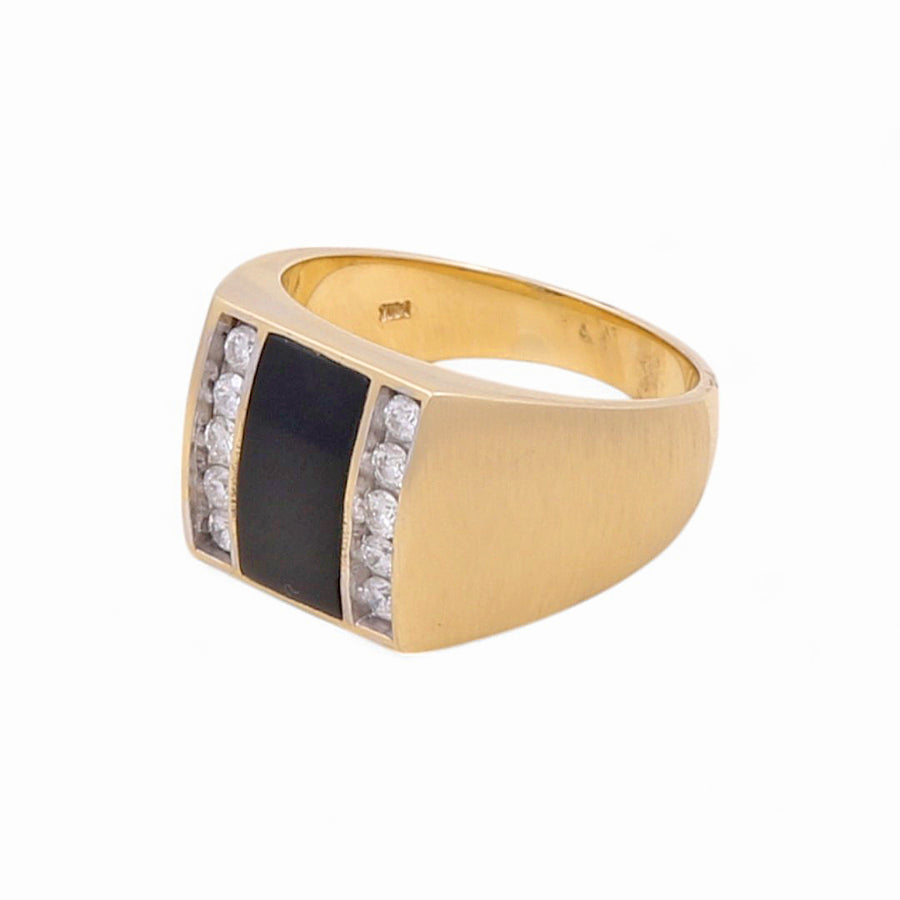 Yellow Gold 14k  Contemporary Fashion Ring with Rectangular Onyx and 0.45 Tw Round Diamonds