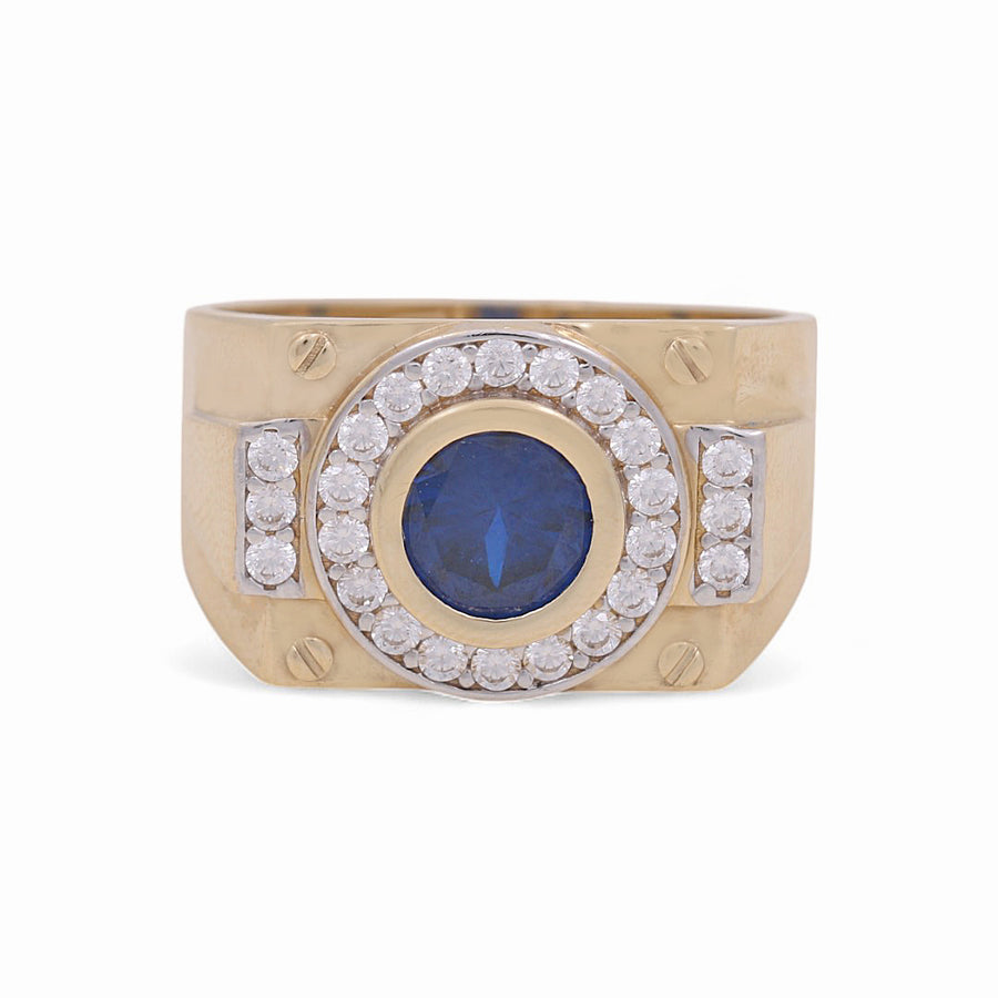 14K Yellow Gold Men's Round Blu Stone Fashion Ring