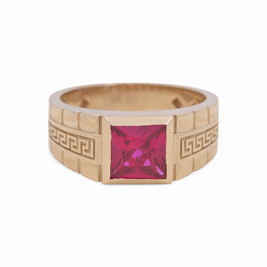 14K Yellow Gold Men's Square Red Fashion Ring