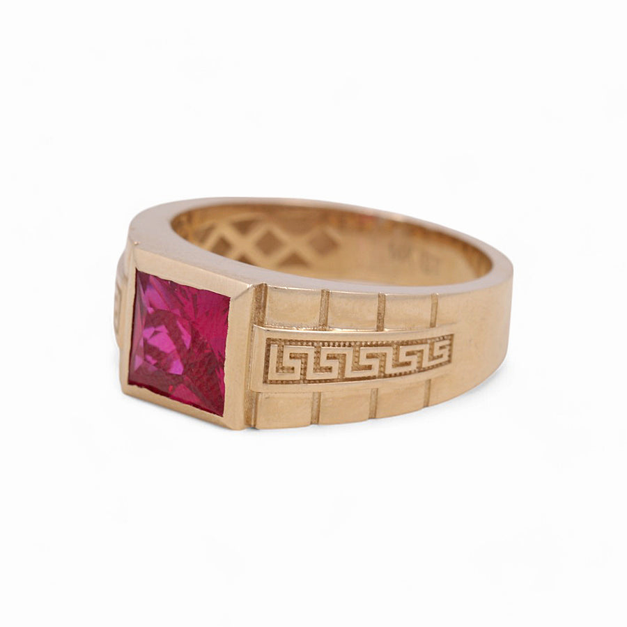 14K Yellow Gold Men's Square Red Fashion Ring