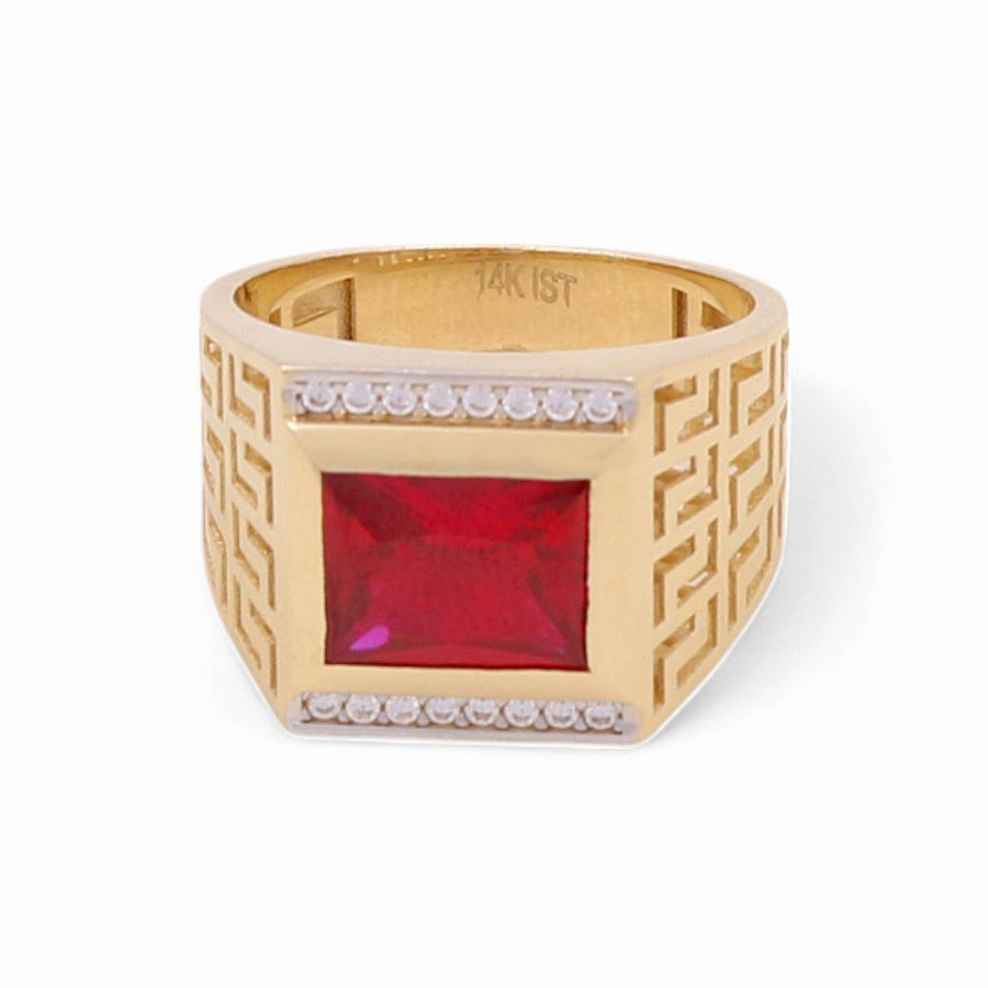 14K Yellow Gold Men's  Red Square Fashion Ring