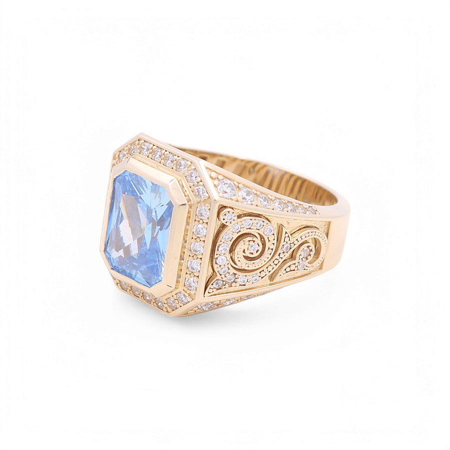 14K Yellow  Gold Square Blue  Men's  Fashion Ring