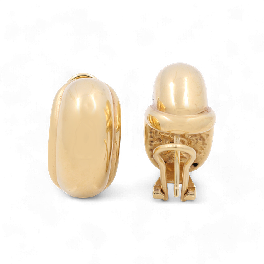 The Miral Jewelry 14K Yellow Gold Fashion Women's Earrings feature a smooth, rounded surface and are displayed from both the front and back.