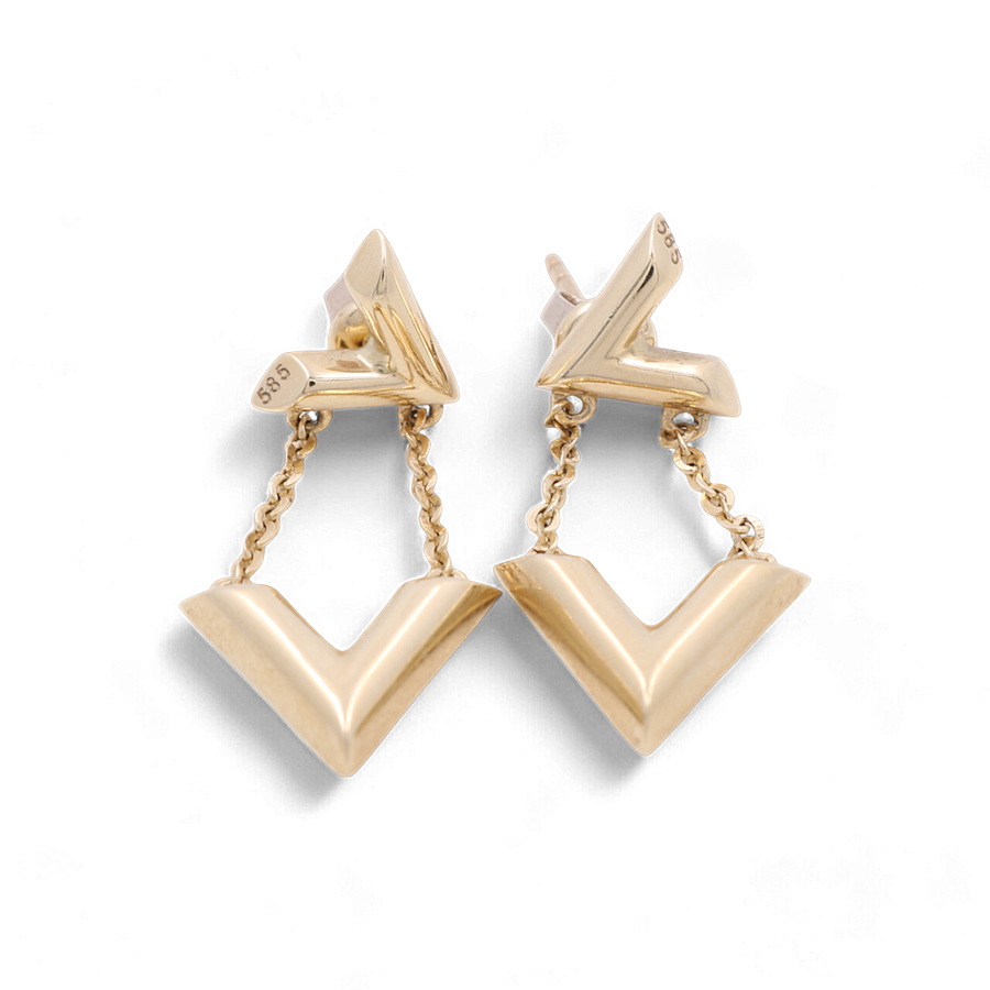 A pair of high-quality 14K Yellow Gold Fashion Women's Earrings from Miral Jewelry featuring a V-shaped design with chain links connecting the V shapes to the posts.