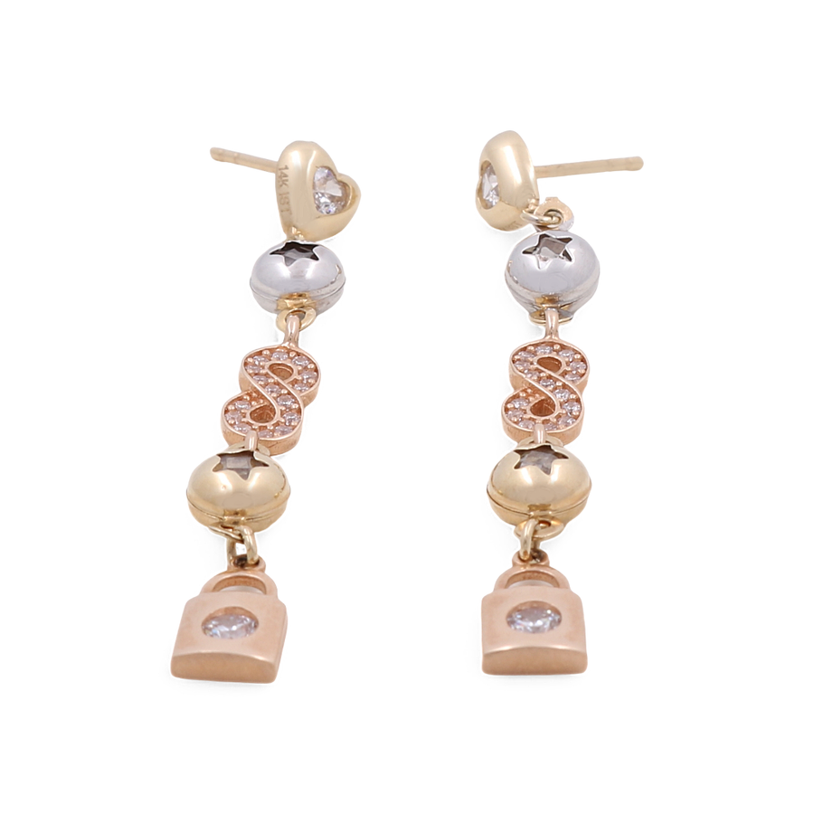 The Miral Jewelry 14K Tri Color Gold Earrings are a luxurious addition to any collection, featuring a pair of elegant drop earrings with two metallic balls, a stylized "S" shape adorned with embedded crystals, and a crystal-accented padlock charm at the bottom. Perfect for anyone who appreciates high-end jewelry.