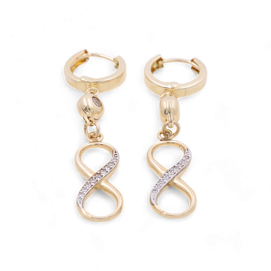 The 14K Yellow Gold Infiniti Drop Women's Earrings with CZ by Miral Jewelry feature dangling infinity symbols adorned with small embedded crystals on one side, making them an elegant jewelry piece perfect for any occasion.