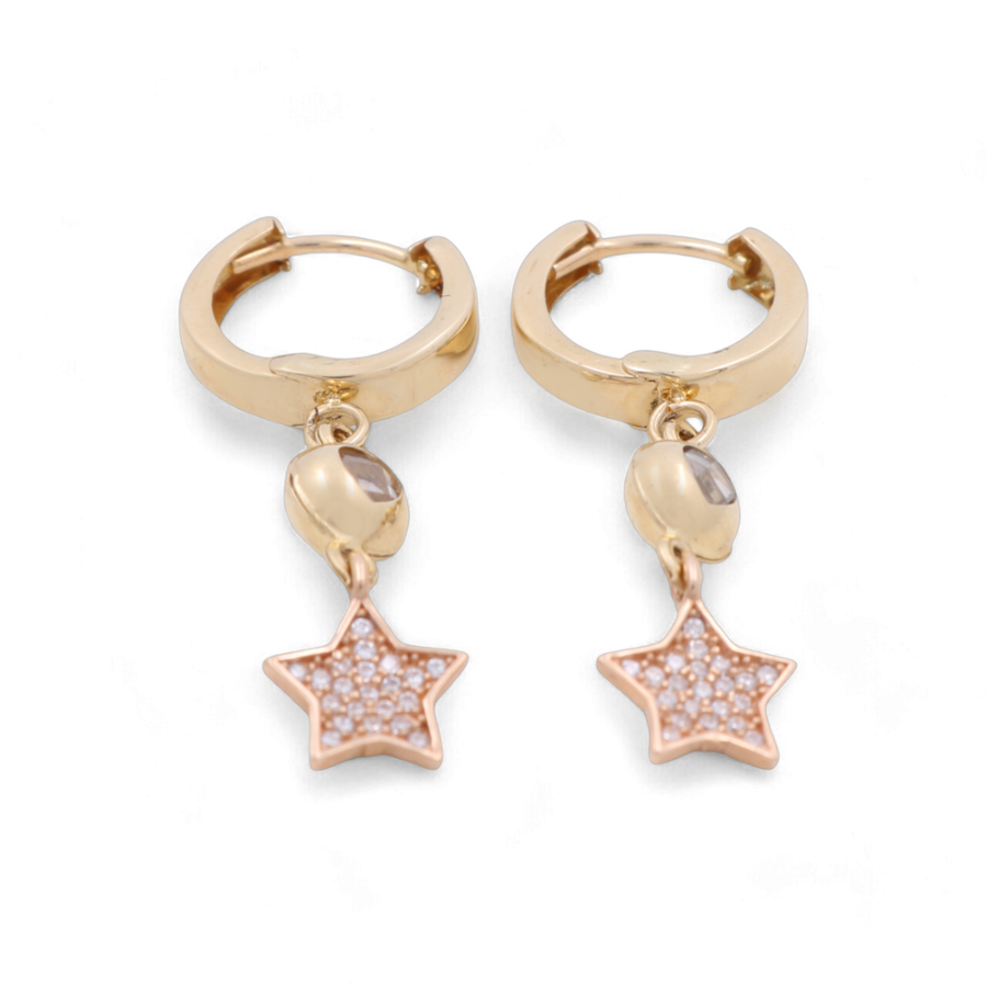 A pair of 14K two-tone yellow and rose gold women's star drop earrings by Miral Jewelry, featuring dangling star-shaped pendants encrusted with small CZ stones.