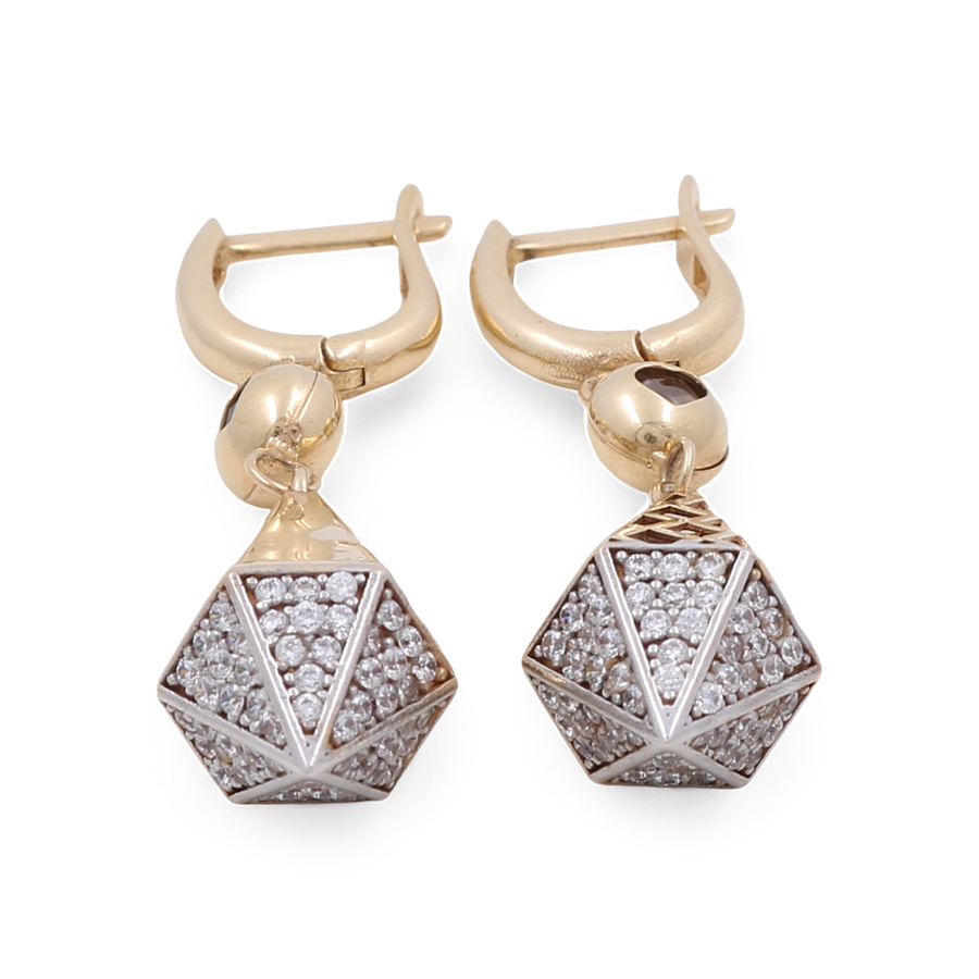 Introducing the elegant 14K Yellow Gold Earrings by Miral Jewelry, featuring luxurious hoops adorned with dangling geometric pendants and encrusted with dazzling small white gemstones—perfect for adding a touch of sophistication to your jewelry collection.