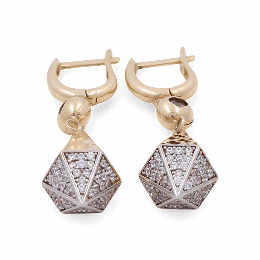 Introducing the elegant 14K Yellow Gold Earrings by Miral Jewelry, featuring luxurious hoops adorned with dangling geometric pendants and encrusted with dazzling small white gemstones—perfect for adding a touch of sophistication to your jewelry collection.