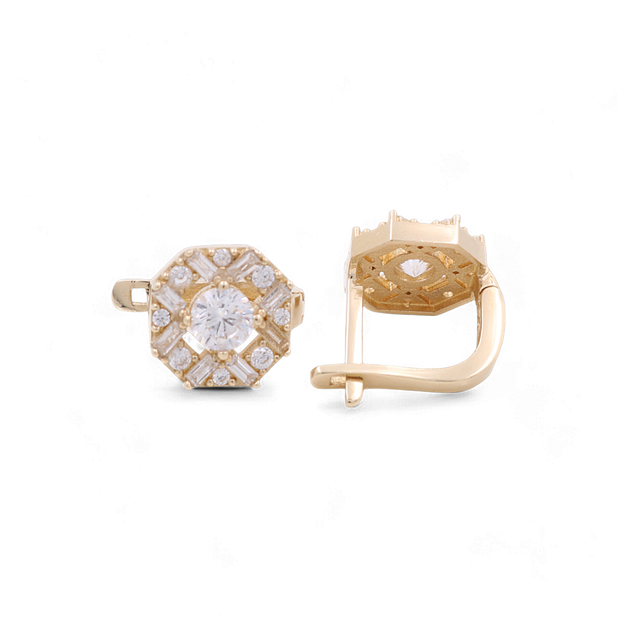 A pair of 14K yellow gold huggie women's earrings adorned with delicate CZ accents and octagon-shaped settings, brought to you by Miral Jewelry.