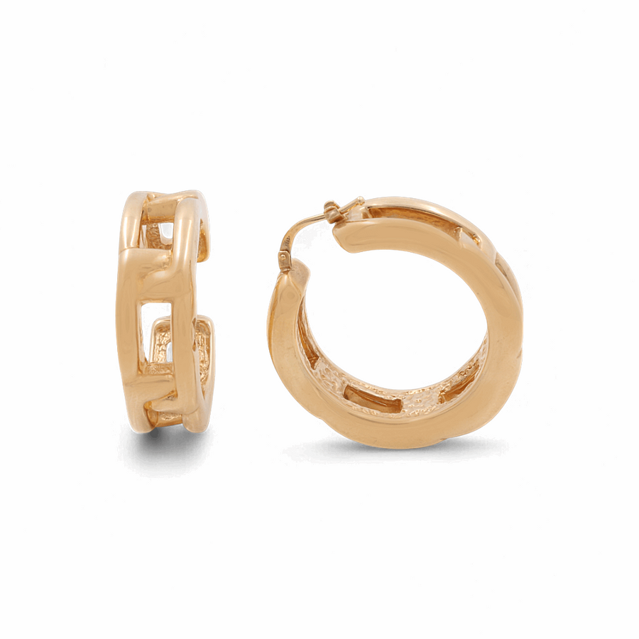 A pair of Miral Jewelry 14K Yellow Gold Fashion Hoop Women's Earrings featuring a chunky, linked design. One earring is positioned upright while the other lies on its side.