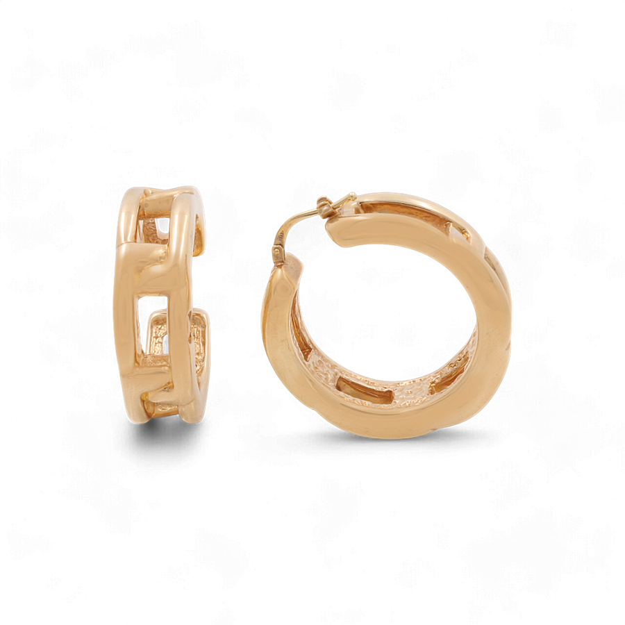 A pair of Miral Jewelry 14K Yellow Gold Fashion Hoop Women's Earrings featuring a chunky, linked design. One earring is positioned upright while the other lies on its side.