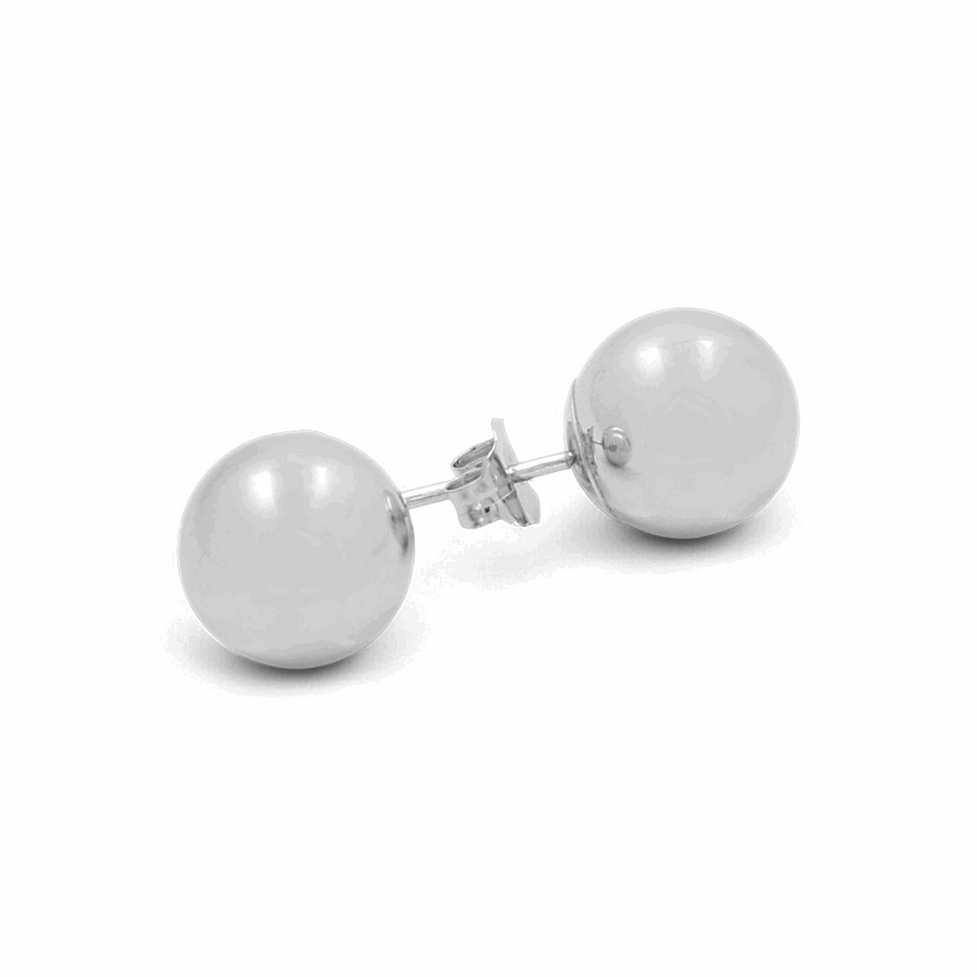 A pair of sophisticated Miral Jewelry's 14K White Gold Pearl Button Women's Earrings, crafted with a polished finish, shown from the front and back on a white background.