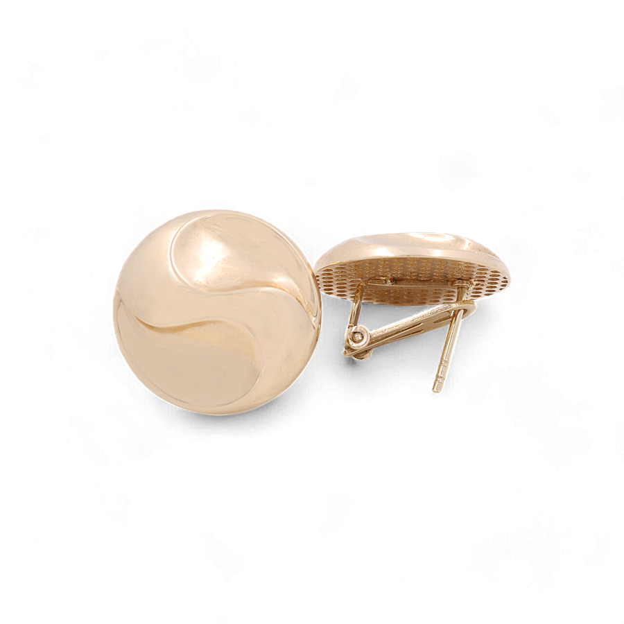 A pair of 14K yellow gold earrings by Miral Jewelry, named Omega Back Women's Earrings, featuring a round, slightly curved design with subtle geometric details, shown from side and front angles.