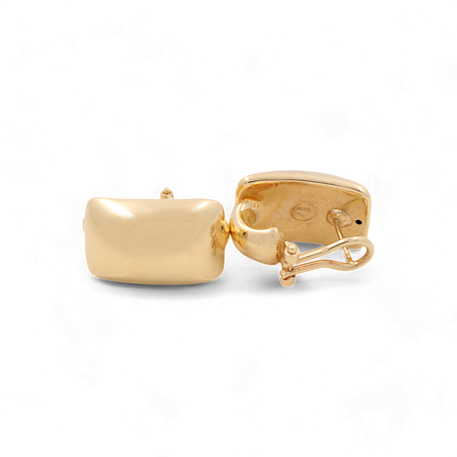 A pair of 14K Yellow Gold Omega Back Women's Earrings by Miral Jewelry are displayed against a white background, showcasing the elegance typically found in gold fashion jewelry.