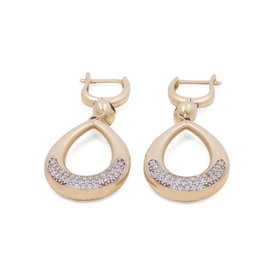 Miral Jewelry's 14K Yellow Gold Earrings are a luxurious pair of drop earrings, featuring teardrop-shaped pendants adorned with a row of small clear stones at the bottom.