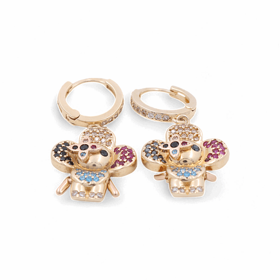 Introducing the 14K Yellow Gold Drop Women's Earrings with Colored Cz by Miral Jewelry. This stunning pair of earrings features charming teddy bear-shaped charms adorned with multicolored gemstones, adding a playful touch to any outfit.