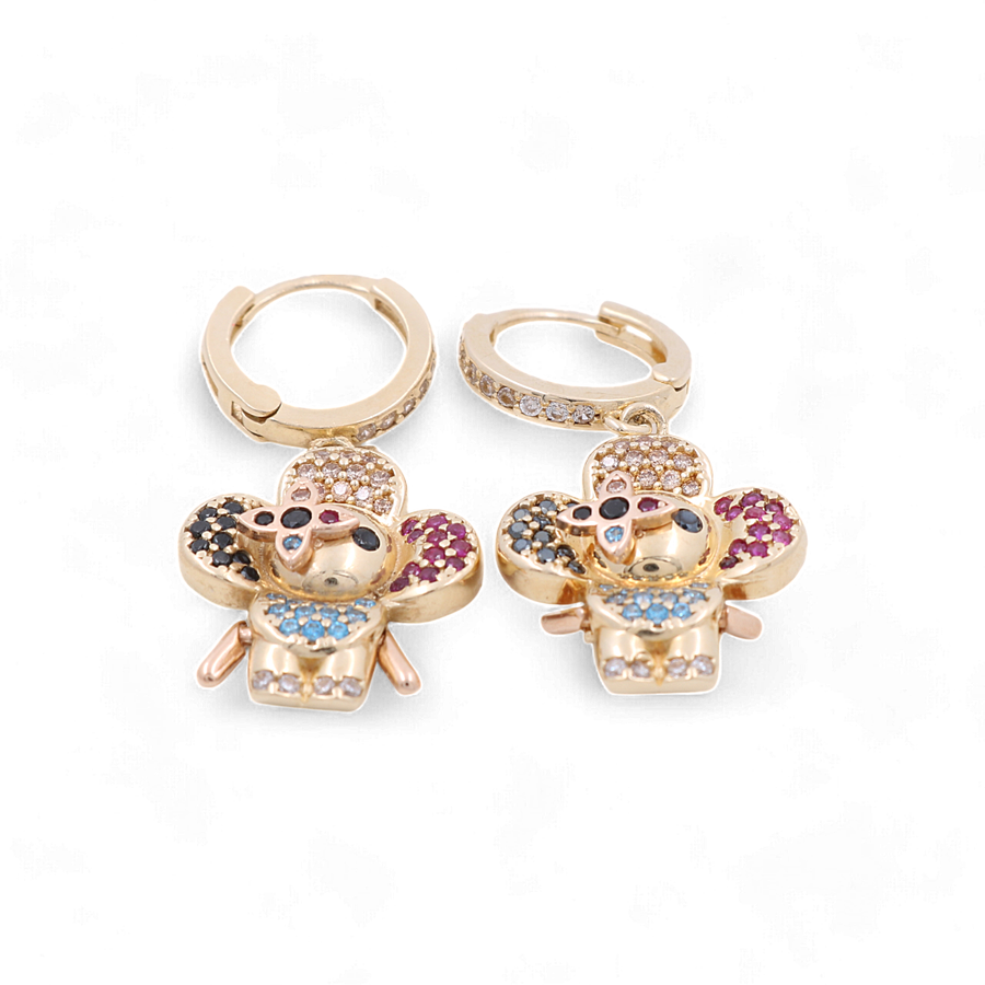 Introducing the 14K Yellow Gold Drop Women's Earrings with Colored Cz by Miral Jewelry. This stunning pair of earrings features charming teddy bear-shaped charms adorned with multicolored gemstones, adding a playful touch to any outfit.