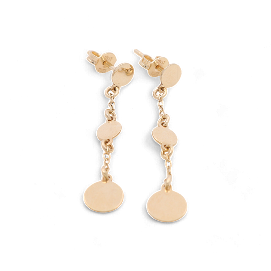 Miral Jewelry's 14K Yellow Gold Circle Drop Women's Earrings feature three circular plates linked by small chains and post back closures, making them an elegant addition to any jewelry collection.