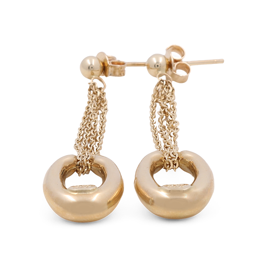 Elevate your jewelry collection with Miral Jewelry's 14K Yellow Gold Link Earrings, featuring gold-tone chain links that gracefully culminate in circular pendants. These elegant earrings are a perfect addition to any ensemble.