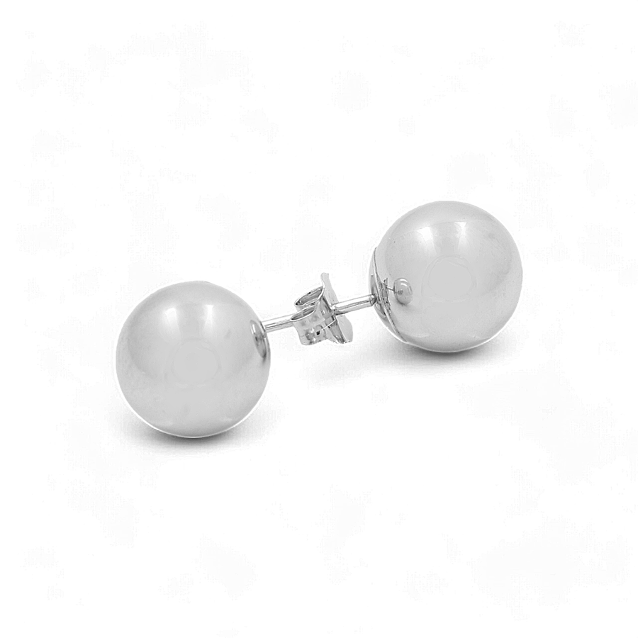 A pair of Miral Jewelry 14K White Gold Pearl Button Women's Earrings with butterfly backs on a white background.