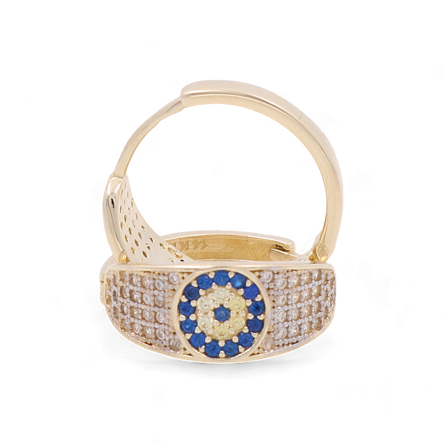 The 14K Yellow Gold Small Hoop Women's Earrings by Miral Jewelry exude glamour and durability with their blue and yellow circular gemstone pattern, encrusted with small clear stones, presented on a white background.