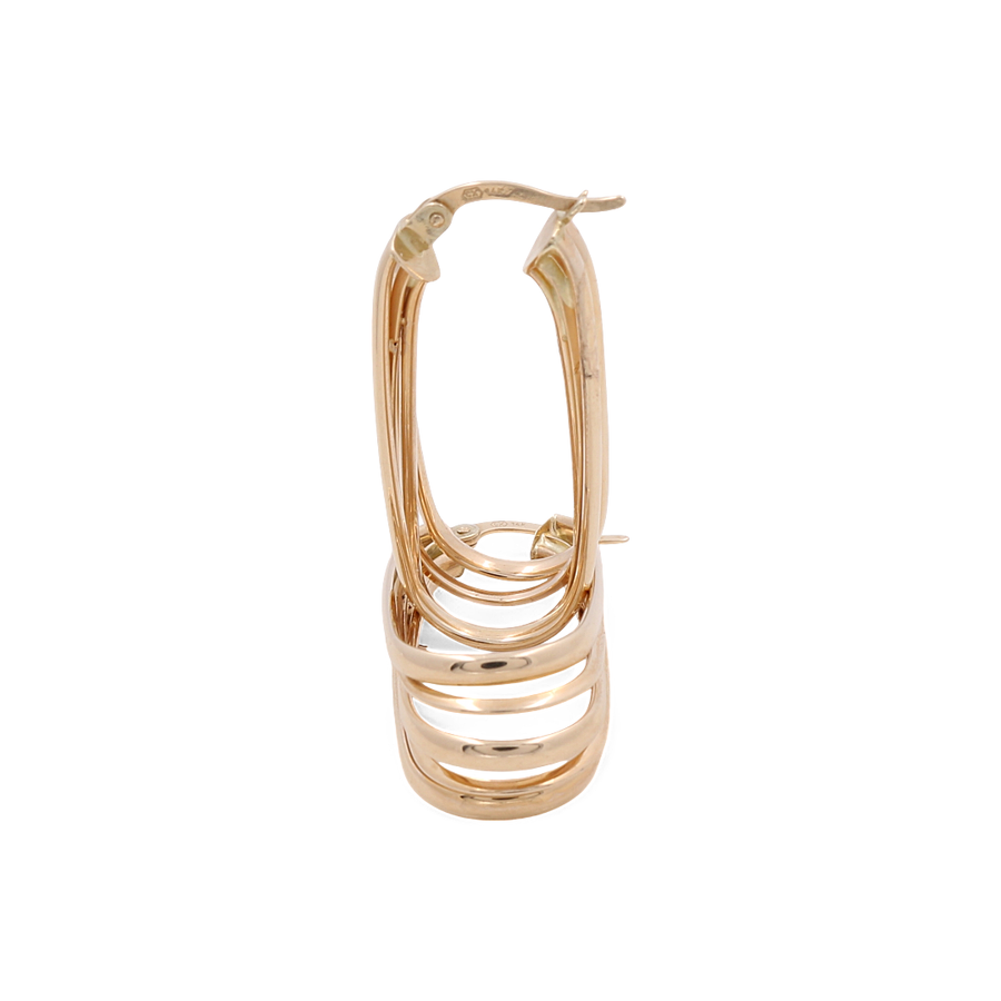 A stunning pair of 14K Yellow Gold Medium Hoop Earrings by Miral Jewelry, featuring three interlocking bands each, elegantly displayed vertically on a white background.