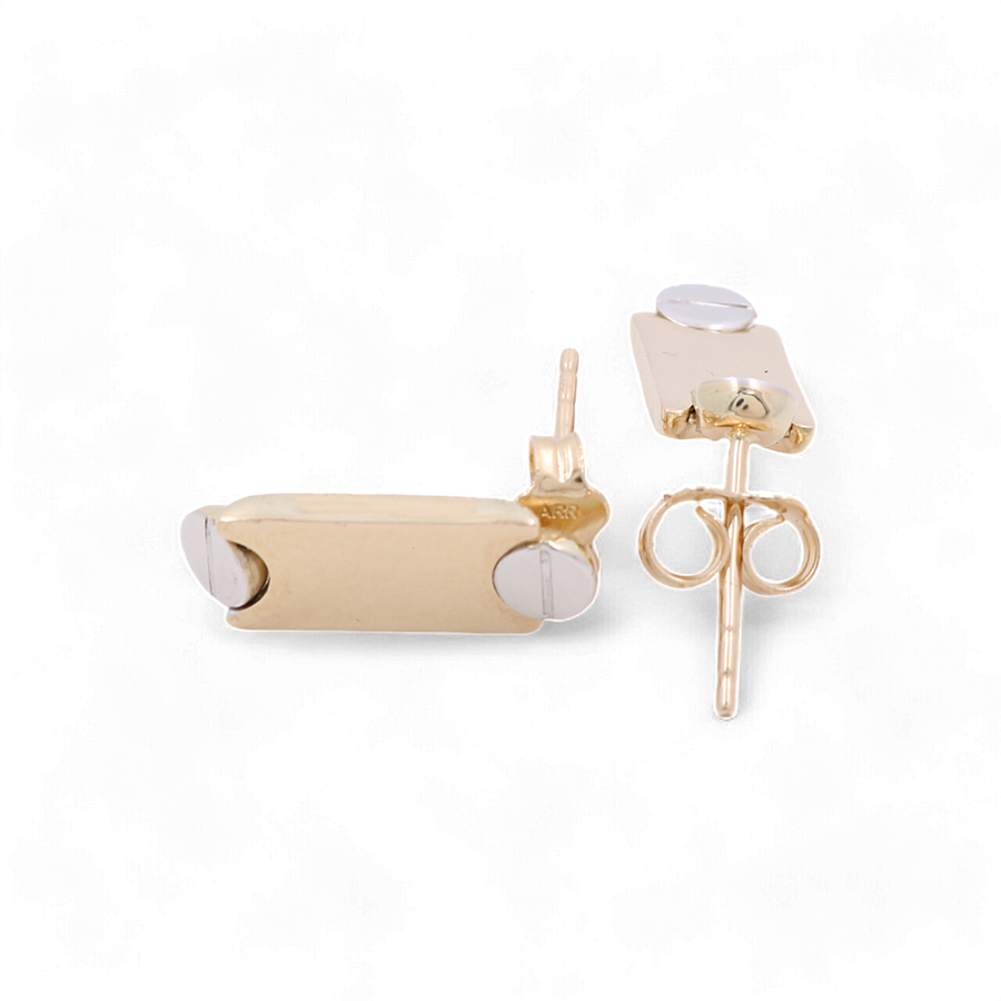 The 14K Yellow and White Gold Women's Earrings by Miral Jewelry, featuring rectangular studs with post and butterfly backings, are displayed against a white background.