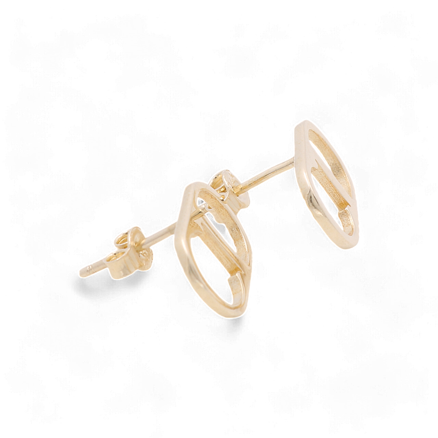 A pair of 14K Yellow Gold Earrings from Miral Jewelry with a minimalist design, featuring two hollow, leaf-like shapes attached to a single earring post, exemplifying elegant luxury jewelry.