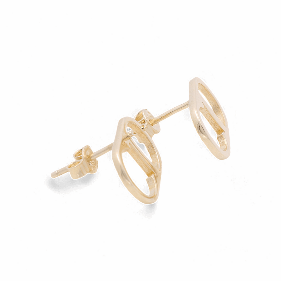 A pair of 14K Yellow Gold Earrings from Miral Jewelry with a minimalist design, featuring two hollow, leaf-like shapes attached to a single earring post, exemplifying elegant luxury jewelry.