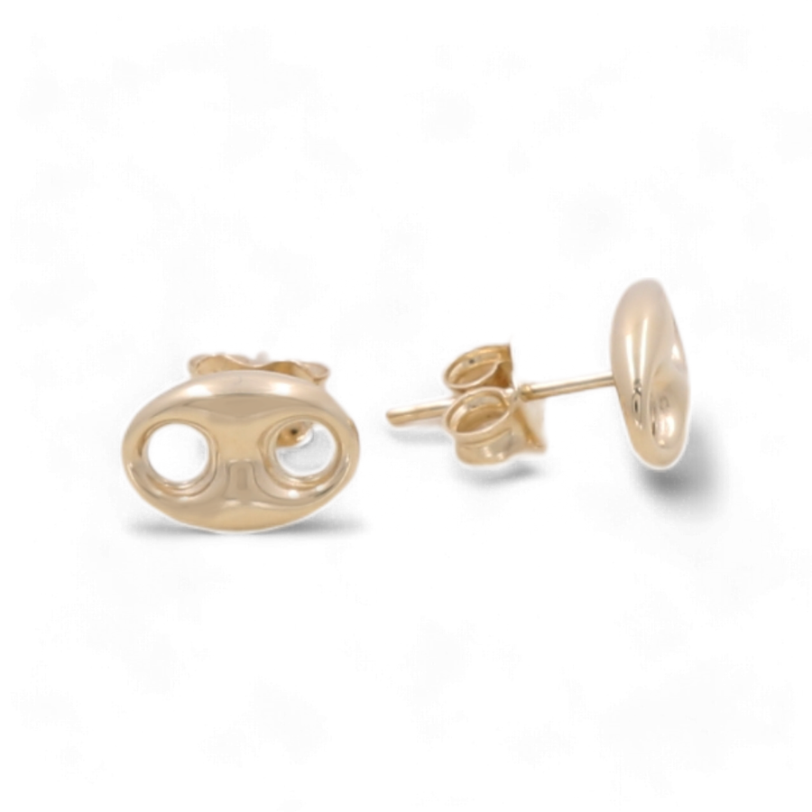 Product Sentence: The Miral Jewelry 14K Yellow Fashion Earrings feature a dazzling pair of gold studs, with one earring displaying an elegant oval shape accented by two circular cutouts, and the other highlighting the secure back post and butterfly clasp. These must-have accessories infuse a touch of glamour into any outfit, making them an essential addition to any jewelry collection.