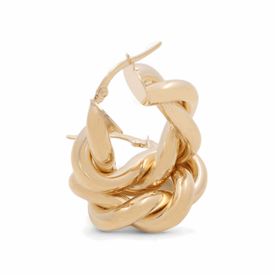 A pair of 14K Yellow Fashion Hoop Earrings by Miral Jewelry, showcasing a twisted rope design and crafted from high-quality materials, set against a plain white background.