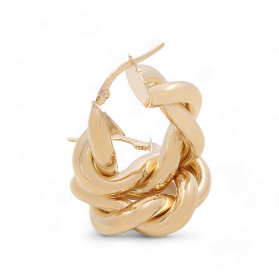 A pair of 14K Yellow Fashion Hoop Earrings by Miral Jewelry, showcasing a twisted rope design and crafted from high-quality materials, set against a plain white background.