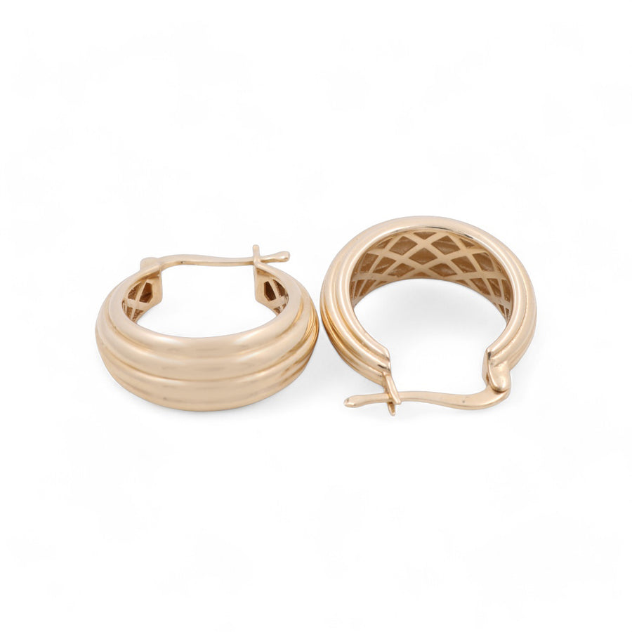 The Miral Jewelry 14K Yellow Fashion Hoops Earrings showcase a pair of stylish hoops, delicately designed with an intricate inner pattern. One earring lays flat while the other stands upright against a white background.